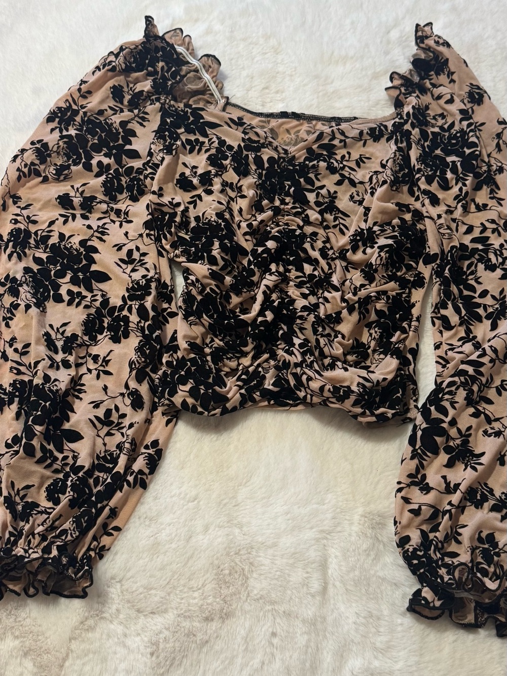 Amazon Essentials Nude and Black Floral Velvet-Print Long Sleeve Top